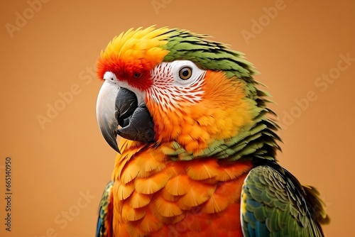  A Parrot with Bright Orange and Green Plumage, Facing the Camera, Featuring a White and Red Facial Pattern and a Curved Grey Beak, Against a Solid Orange Background