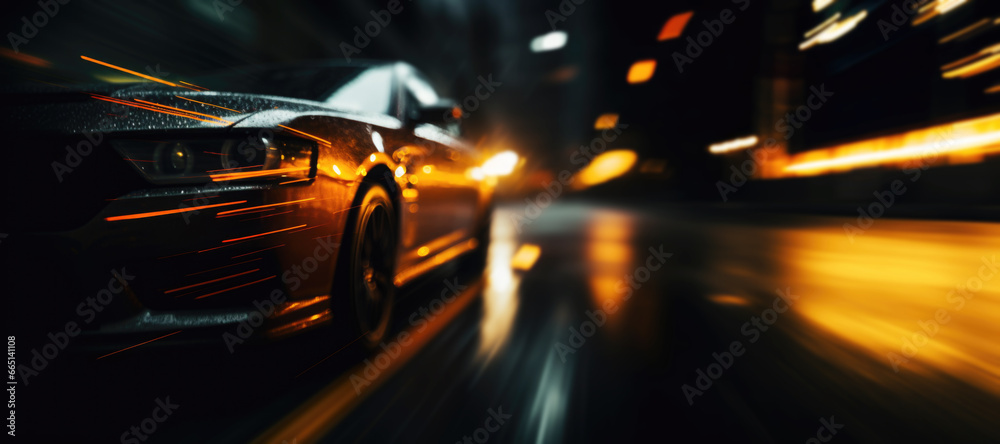Car Lights at Night on Dark Black Blurred City Background Banner