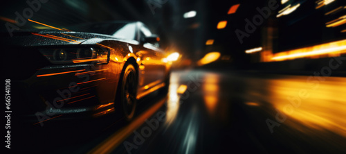 Car Lights at Night on Dark Black Blurred City Background Banner