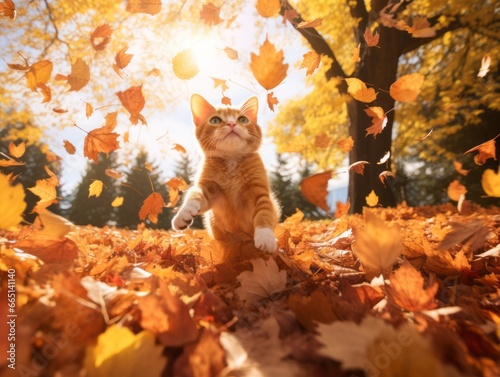 Playful cat batting at falling autumn leaves in a sunlit garden