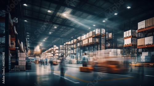 Long exposure of modern warehouse interior with motion blur of workers and machinery photo