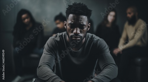 A black man with a somber expression suffering from anxiety and depression in a support group setting
