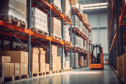 Close-up of storage shelves with stacked boxes in a modern warehouse with a forklift in the background