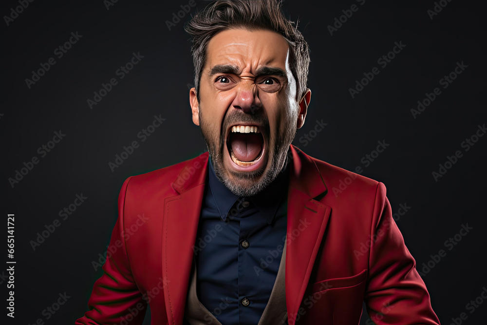 Annoyed furious mature bearded manager in stylish red jacket screams because of failure on dark background Annoyed furious mature bearded manager in stylish red jacket screams because of failure on dark background