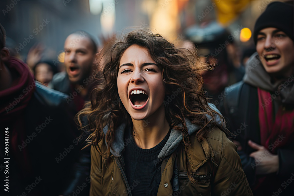 Angry woman activist shouting slogans defending the rights of the oppressed at demonstrations among like-minded people - obrazy, fototapety, plakaty 