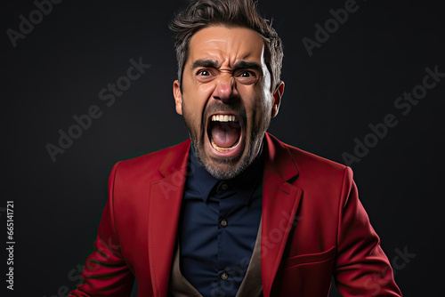 Annoyed furious mature bearded manager in stylish red jacket screams because of failure on dark background