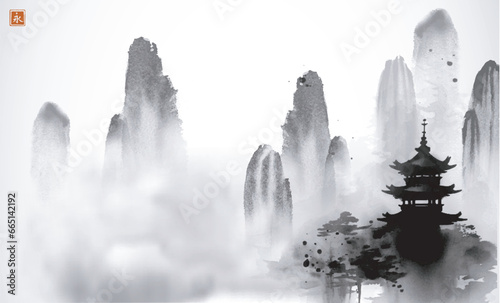  Ink painting depicting a pagoda temple and majestic mist-shrouded mountains. Traditional oriental ink painting sumi-e, u-sin, go-hua. Translation of hieroglyph - eternity