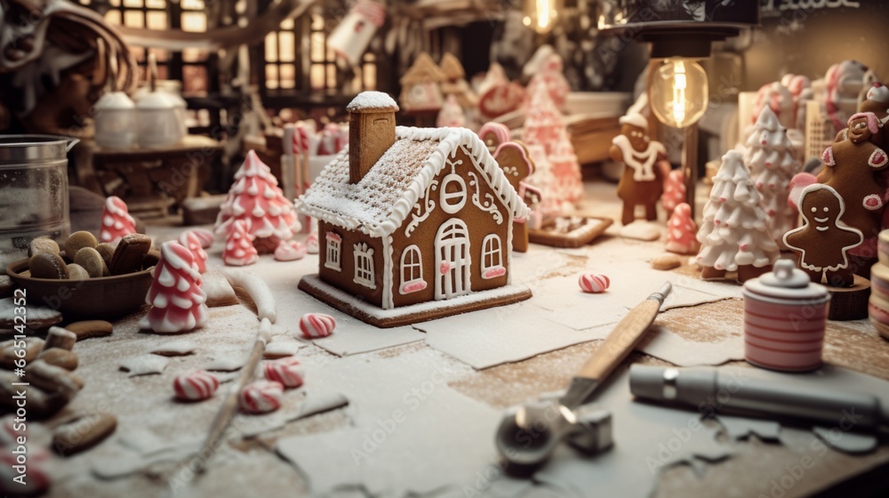 A cozy kitchen scene with gingerbread houses under construction, icing and candy decorations neatly laid out, and a rolling pin covered in flour.
