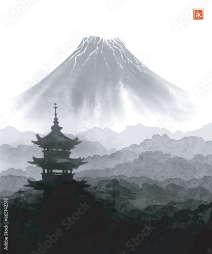 Ink painting of pagoda temple  misty hills with trees and the majestic Mount Fuji. Traditional oriental ink painting sumi-e  u-sin  go-hua. Translation of hieroglyph - eternity