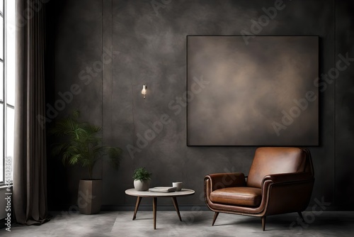 An atmospheric portrayal of a Canvas Frame for a mockup, the dark cement wall and the intricate stitching of the leather armchair in a modern living room