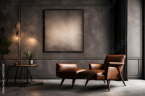 An atmospheric portrayal of a Canvas Frame for a mockup, the dark cement wall and the intricate stitching of the leather armchair in a modern living room
