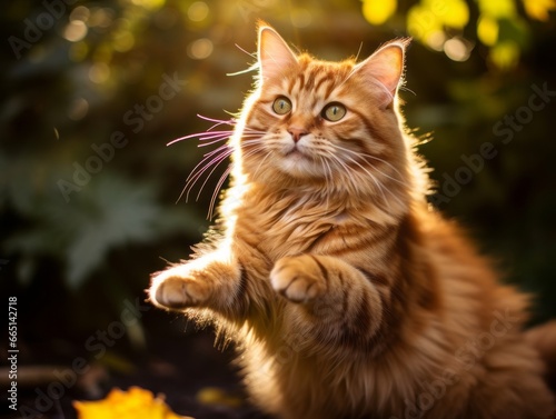 Playful cat batting at falling autumn leaves in a sunlit garden