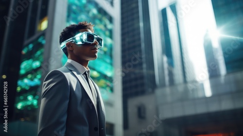 Afroamerican man wearing virtual reality headset in dark city at night.