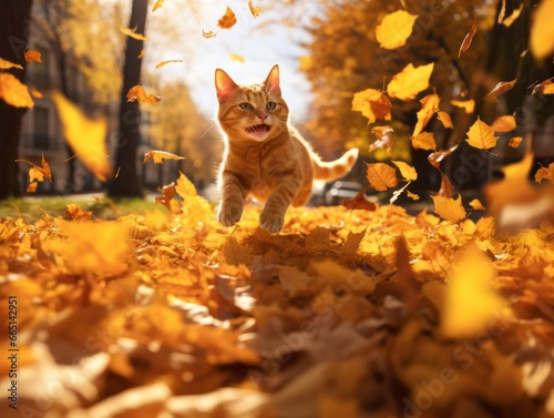 Playful cat batting at falling autumn leaves in a sunlit garden © Lukas