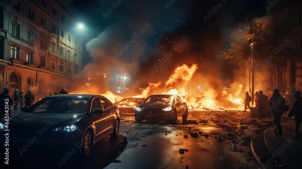 Street riots, buildings on fire, rallies