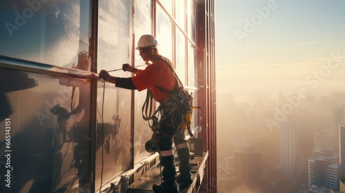 construction worker climber on a high-rise building photo