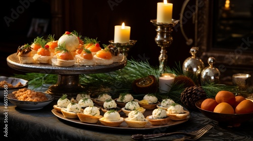 A delightful spread of holiday appetizers, including stuffed mushrooms, deviled eggs, and smoked salmon canap?(C)s, served on a festive platter.