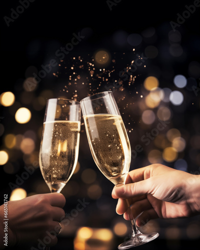New year's eve celebration: Toasting happiness with champagne flutes in hand. With copyspace. photo