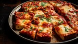 A Detroit-style pizza, cut into squares and arranged on a platter, highlighting the cheese-filled corners.