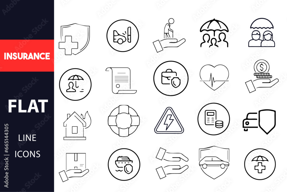 Fototapeta premium Insurance icons set. Assurance and insurance outline icons collection. Life, medical, car, travel, house, healthcare, money and social insurance collection