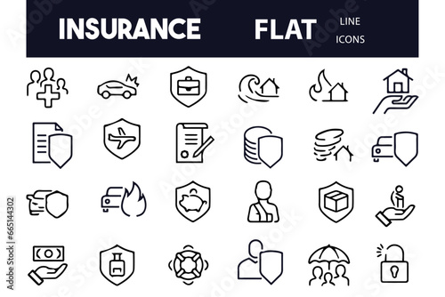 Insurance icons set. Assurance and insurance outline icons collection. Life, medical, car, travel, house, healthcare, money and social insurance set