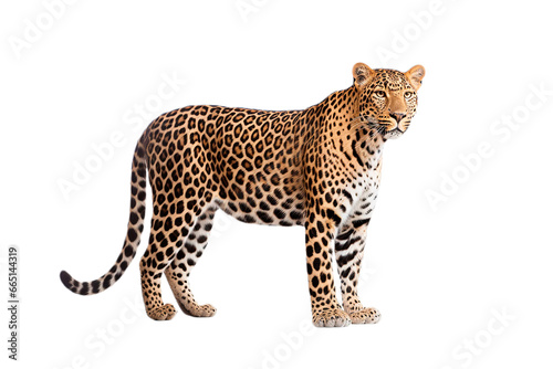 Leopard isolated on a transparent background. Animal right side view portrait.	