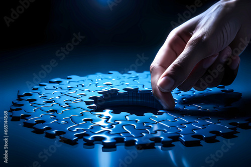businessman solving a blue jigsaw puzzles . Business and success strategic solutions and problem solving challenge - business open mindset concept