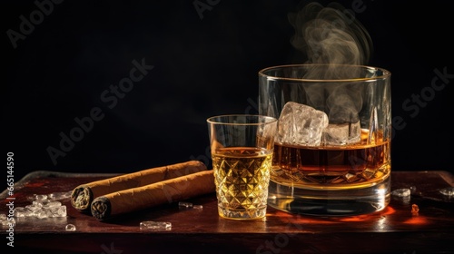 Glass of whiskey with smoking cigar and ice cubes on wooden table