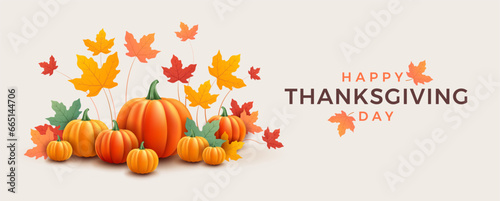 Happy Thanksgiving Day banner with pumpkins and autumn leaves - horizontal vector background