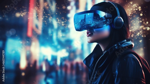 Metaverse digital cyber world technology, woman with virtual reality VR goggle playing AR augmented reality game and entertainment, NFT game futuristic lifestyle