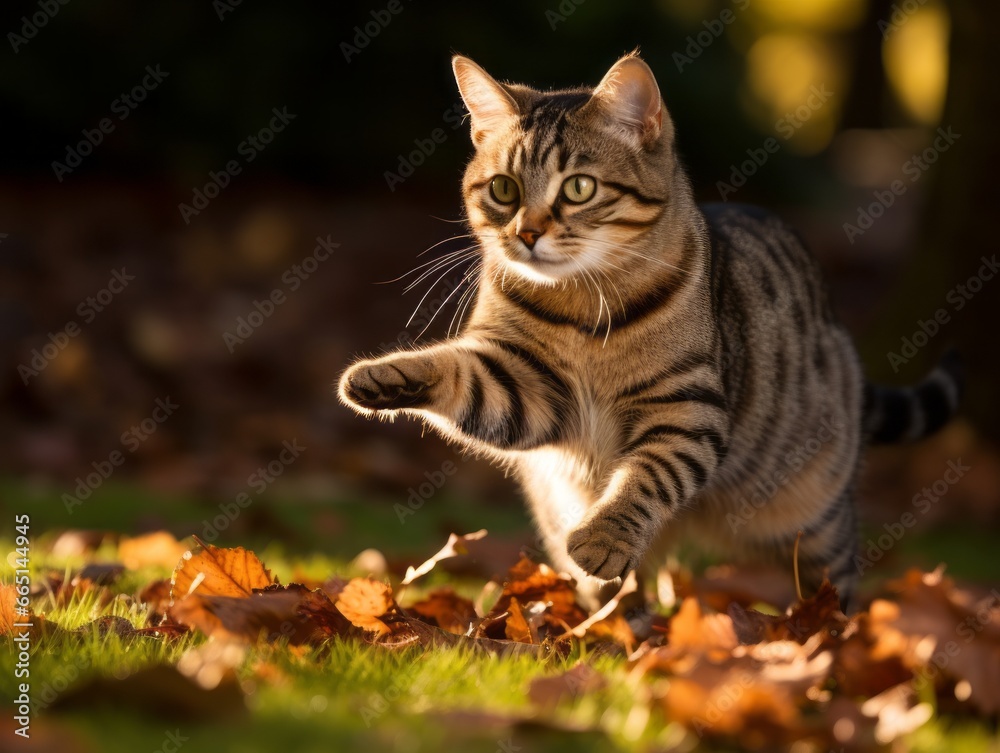 Playful cat batting at falling autumn leaves in a sunlit garden