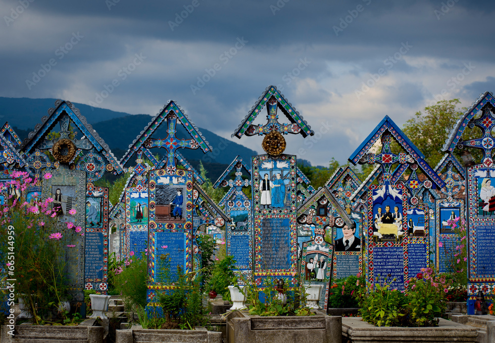 crosses painted with traditional motifs in the Sapanta cemetery in Romania