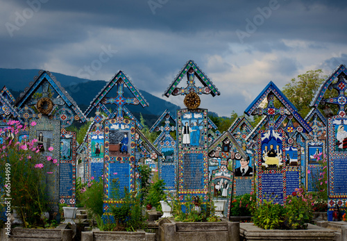 crosses painted with traditional motifs in the Sapanta cemetery in Romania