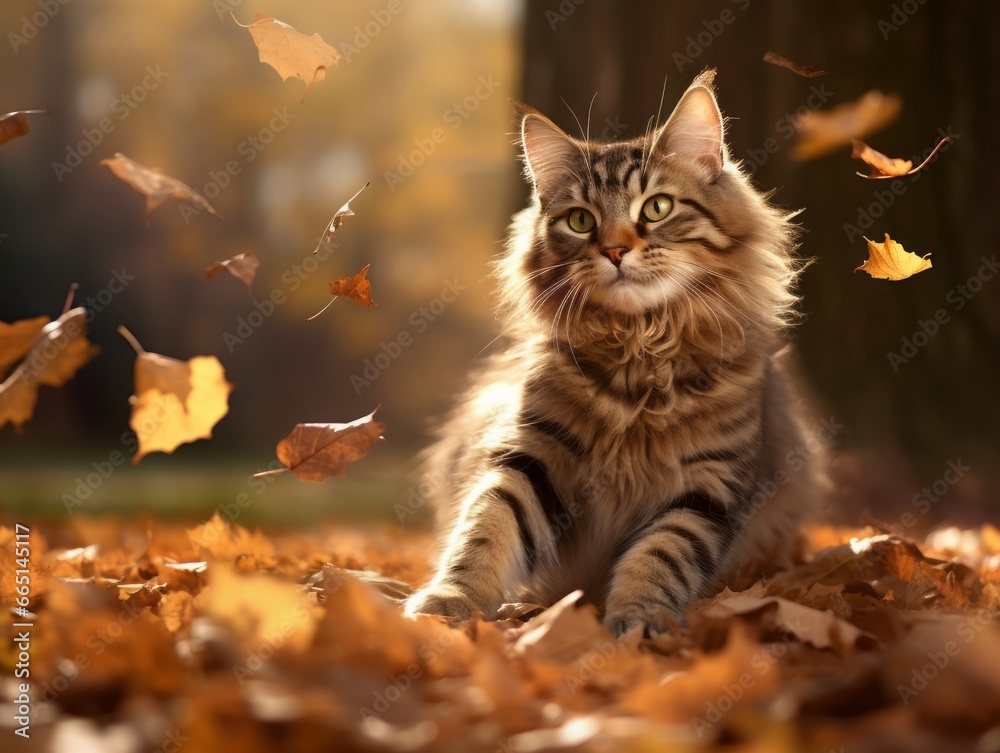 Playful cat batting at falling autumn leaves in a sunlit garden