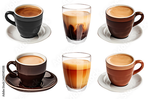 Set of realistic coffee cup PNG - cups of hot aromatic espresso coffee on white and transparent background - coffee shop drinks advertising concept - coffee shop banner