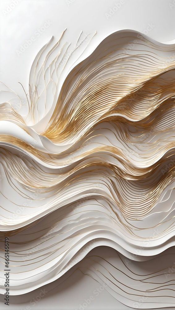 Obraz premium 3d wavy white abstraction on the wall with thin gold threads