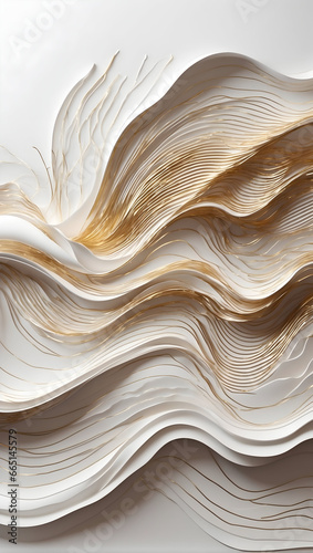3d wavy white abstraction on the wall with thin gold threads