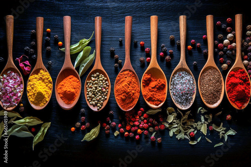 Various spices and herbs in wooden spoons on a dark table.