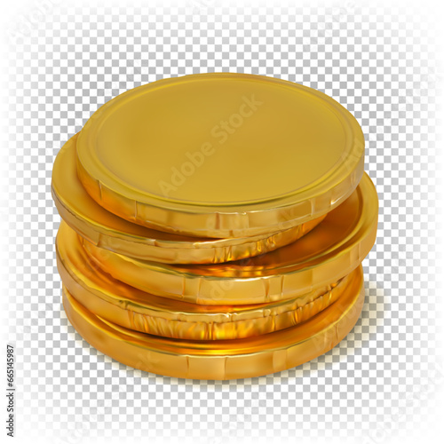 Tall stack of round chocolate vector 3D realistic coins in a gold wrapper isolated on white background.