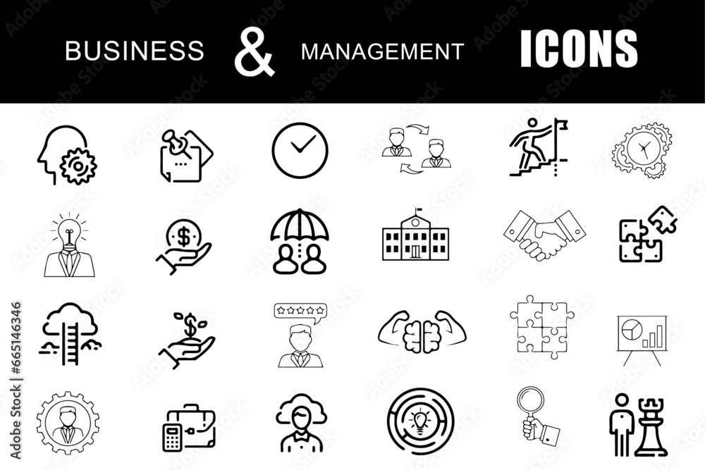 Management icons set. Business and management outline icons collection. Work, Mission, teamwork, values, meeting, strategy, organization, group, communication, human resource, success