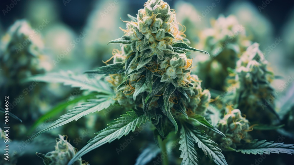 Close-up flower bud of Cannabis Sativa in the greenhouse, marijuana flower bud background, herbal medicine - obrazy, fototapety, plakaty 