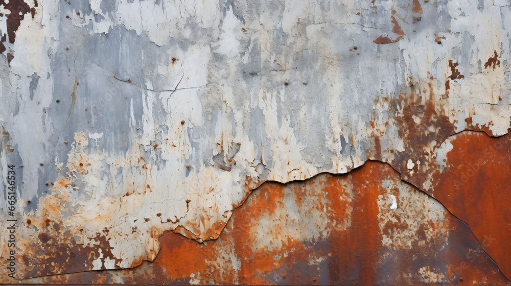 Rusted metal surface with peeling white and blue paint visible in patches taken at a slight angle. Rusted metal surface with peeling white and blue paint visible in patches taken at a slight angle.