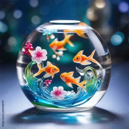 Glass Art  Delicate Glass Flowers and Goldfish in Captivating Harmony