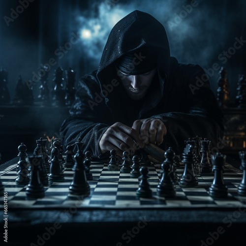 View of dramatic and surreal chess pieces with dark colors photo