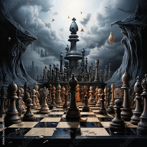 View of dramatic and surreal chess pieces with dark colors