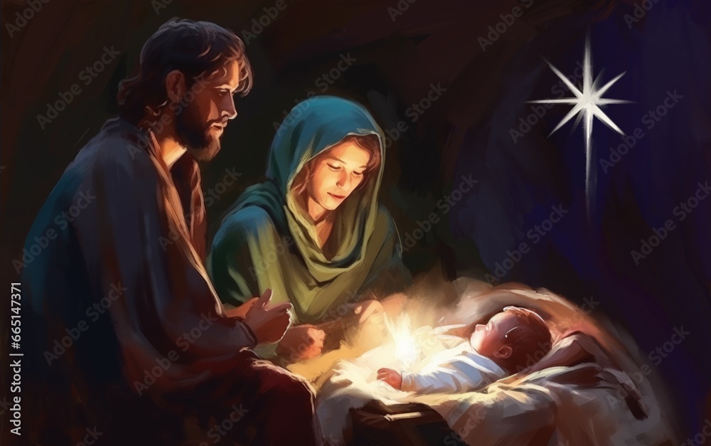 Fototapeta premium Christmas story. Christmas night, Mary, Joseph and the baby Jesus, Son of God , symbol of Christianity , generative ai
