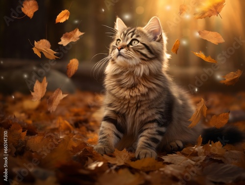 Playful cat batting at falling autumn leaves in a sunlit garden © Lukas