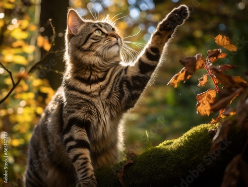 Playful cat batting at falling autumn leaves in a sunlit garden