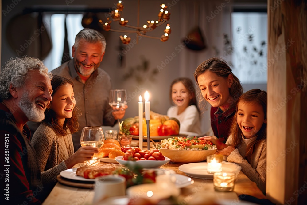 A happy family dinner at home during the holidays, filled with love, togetherness, and joyful smiles. A happy family dinner at home during the holidays, filled with love, togetherness, and joyful smiles.