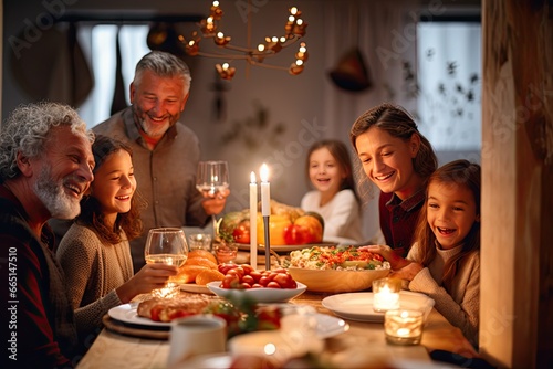 A happy family dinner at home during the holidays  filled with love  togetherness  and joyful smiles.